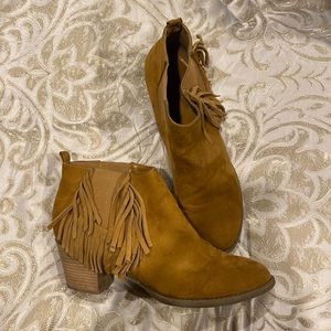 light brown suede front booties